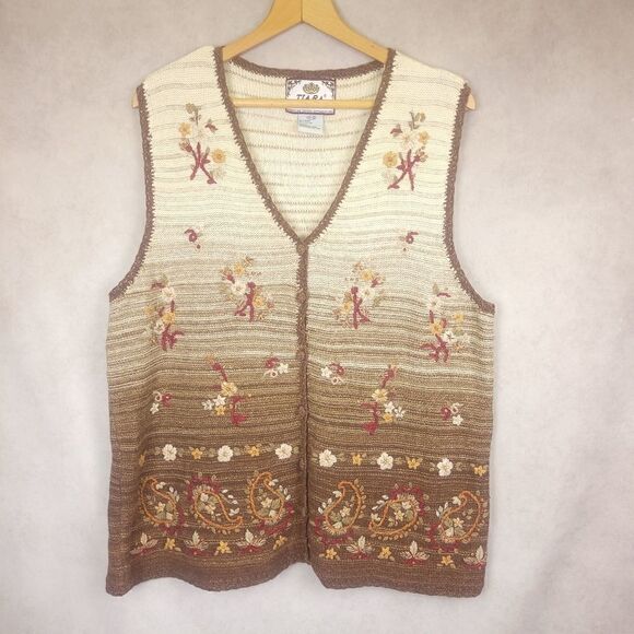 Vintage Knit Embroidered Tan Brown Ombre Floral Buttondown Vest size 14/16 XXL - Picture 1 of 4